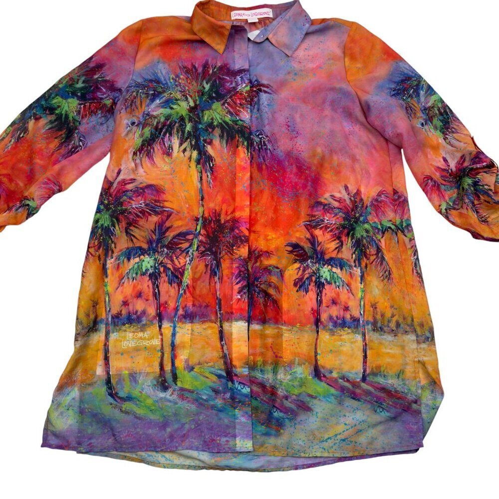 Leoma Lovegrove Palm Tree Multi Color Tunic Pocketed Button Down Tunic Women's M
